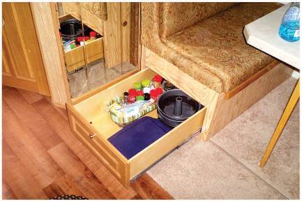 pullout-shelf-motor-home Pull out shelf with kitchen supplies